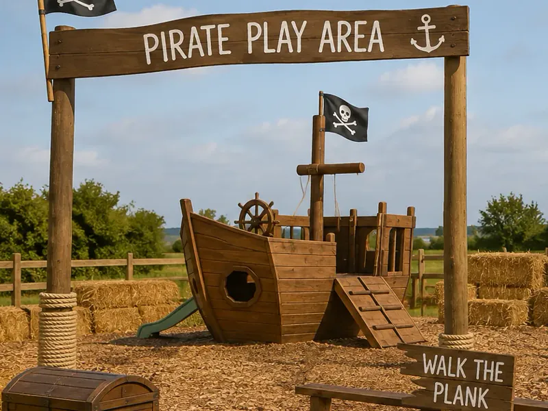 The timber pirate ship in the Pirate Play Area, with a Walk the Plank sign and a treasure chest.
