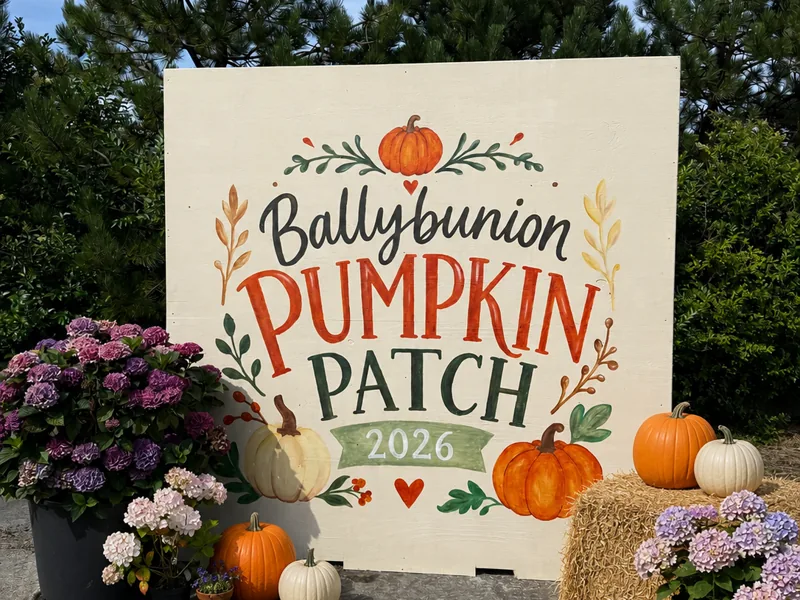 A hand painted Ballybunion Pumpkin Patch 2026 backdrop board surrounded by pumpkins, hydrangeas and a straw bale.