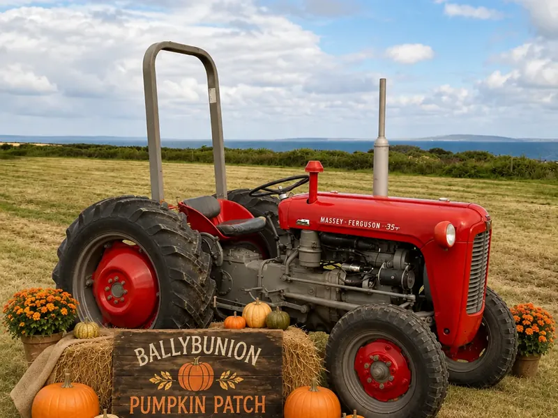 The farm vintage red Massey Ferguson tractor beside the Ballybunion Pumpkin Patch sign, with pumpkins, straw bales and the sea behind.