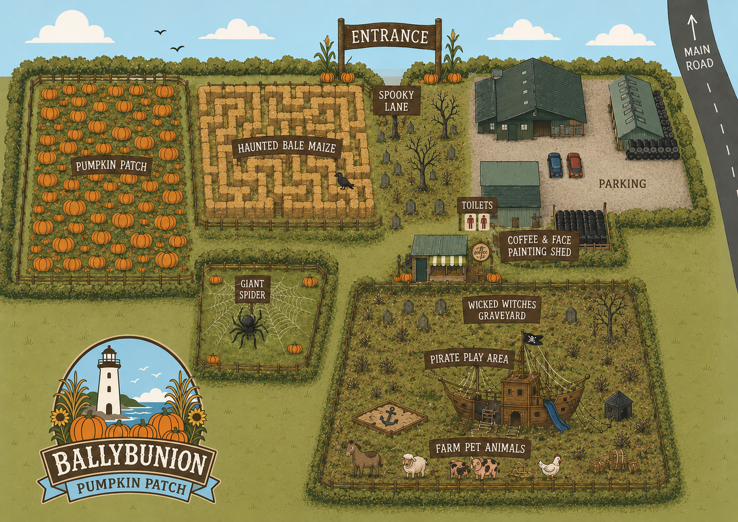 Illustrated map of Ballybunion Pumpkin Patch showing the entrance and Spooky Lane, the pumpkin patch, haunted bale maize, giant spider web, wicked witches graveyard, pirate play area, farm pet animals, coffee and face painting shed, toilets and the car park off the main road.